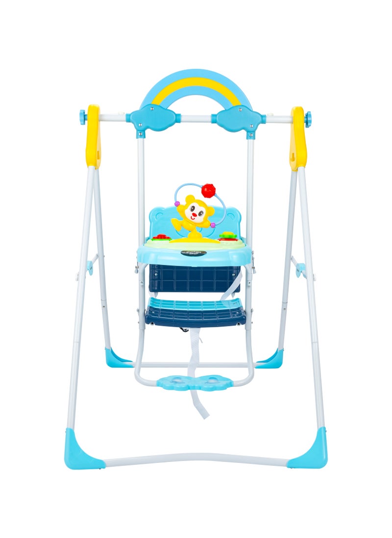 Rainbow Baby Swing with Toy Tray & Safety Belt – Adjustable, Portable & Sturdy Design for Indoor & Outdoor Fun, Perfect for Newborns & Toddlers, Vibrant Blue Color