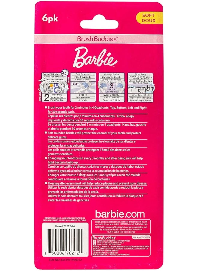 Brush Buddies 6 Pack Barbie Toothbrushes for Kids, Children's Toothbrushes, Soft Bristle Toothbrushes for Kids