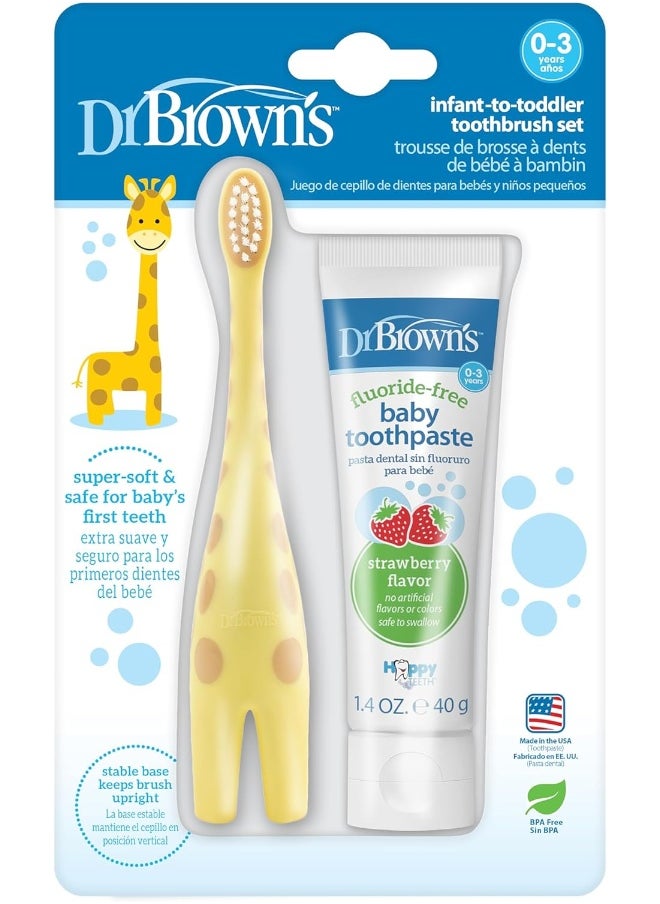 Dr. Brown's Infant-to-Toddler Training Toothbrush Set with Strawberry Fluoride-Free Toothpaste 1.4 oz, Soft for Baby's First Teeth, Giraffe, BPA Free, 0-3 Years