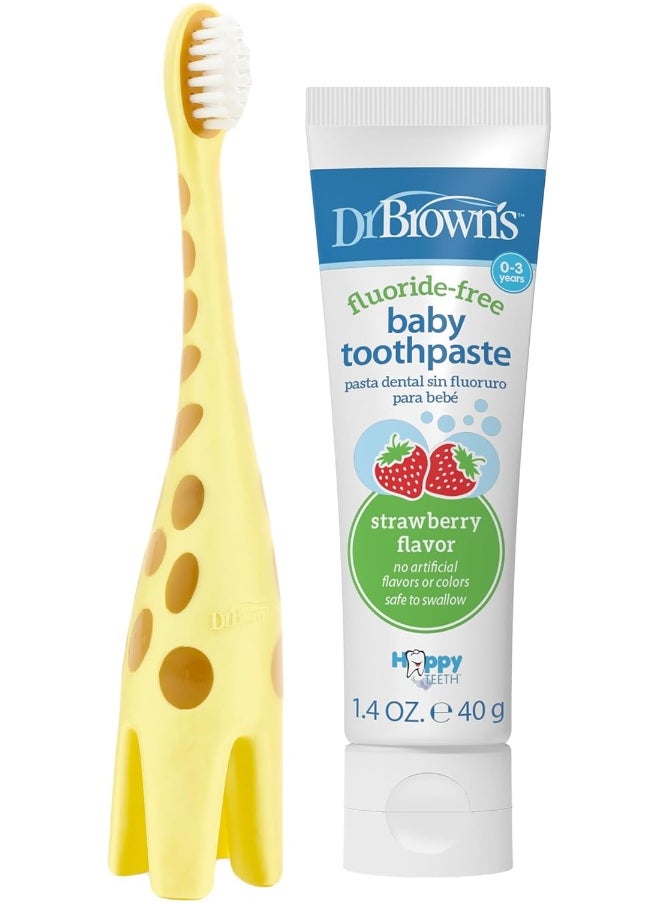 Dr. Brown's Infant-to-Toddler Training Toothbrush Set with Strawberry Fluoride-Free Toothpaste 1.4 oz, Soft for Baby's First Teeth, Giraffe, BPA Free, 0-3 Years