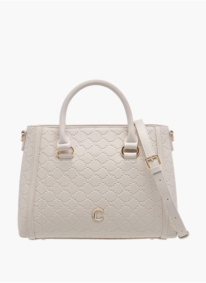 Women Monogram Embossed Tote Bag with Detachable Strap and Zip Closure