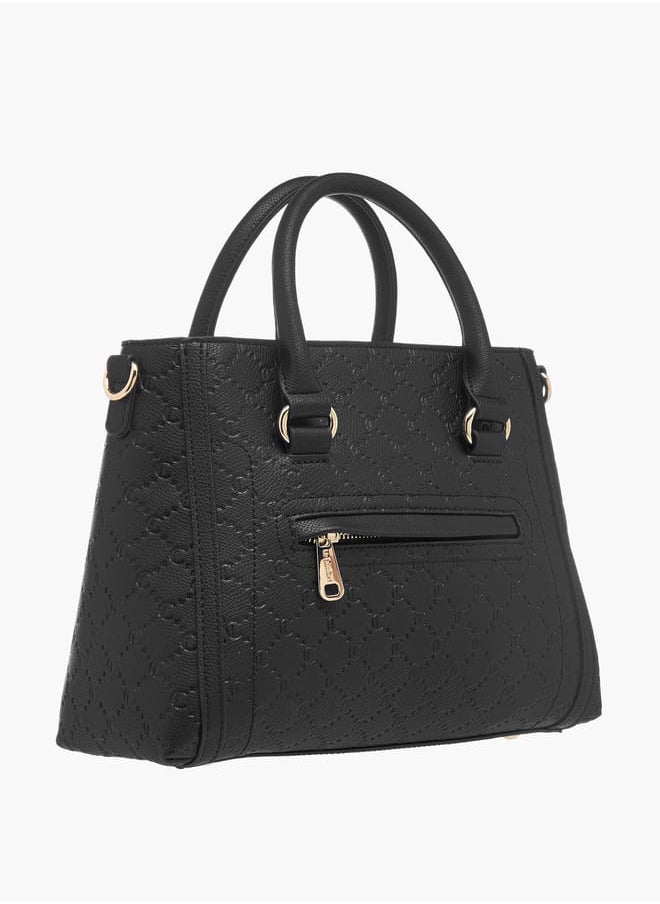 Women Monogram Embossed Tote Bag with Detachable Strap and Zip Closure