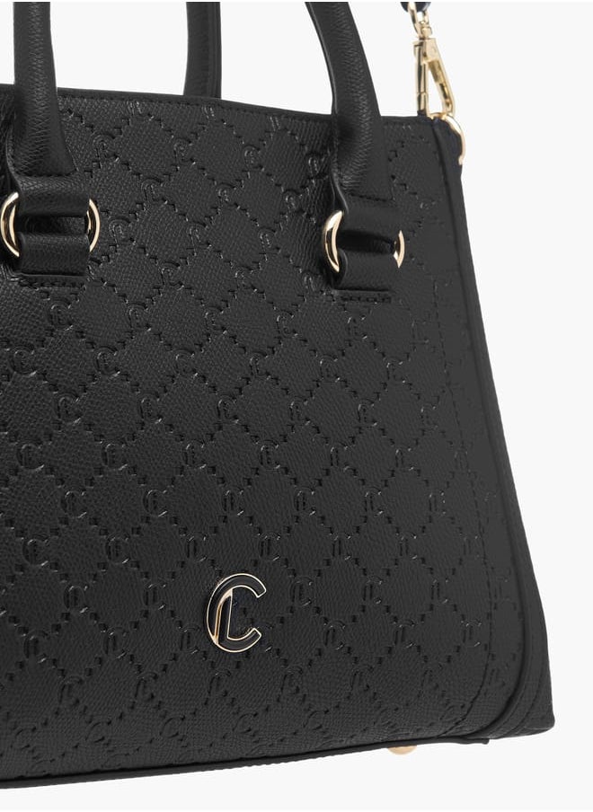 Women Monogram Embossed Tote Bag with Detachable Strap and Zip Closure