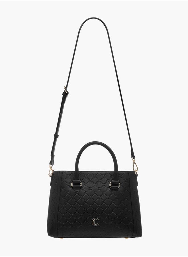 Women Monogram Embossed Tote Bag with Detachable Strap and Zip Closure