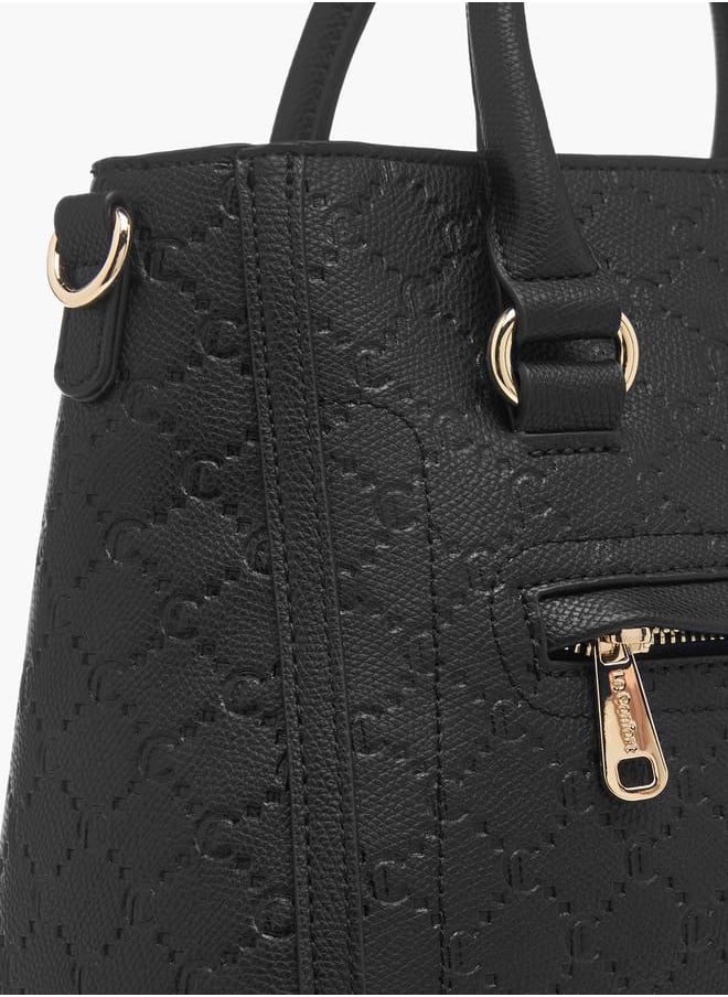 Women Monogram Embossed Tote Bag with Detachable Strap and Zip Closure