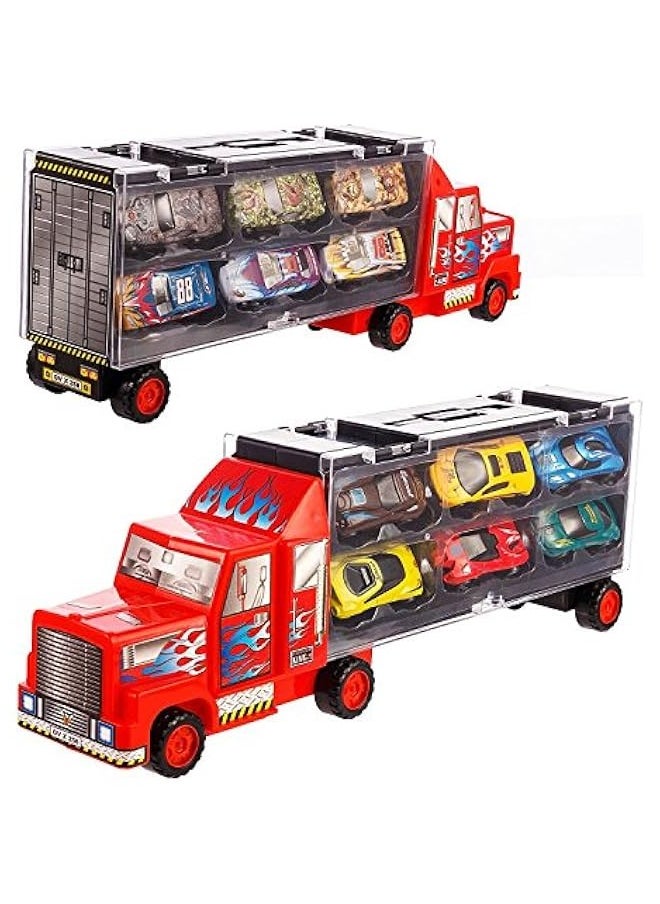 Car Toys Die Cast Carrier Truck Vehicles Toy for 3-12 Years Old Boy Girl Toy Gift(Includes 6 Alloy Cars,3 Animal Cars,3 Number Cars and Traffic Accessories)(Red)