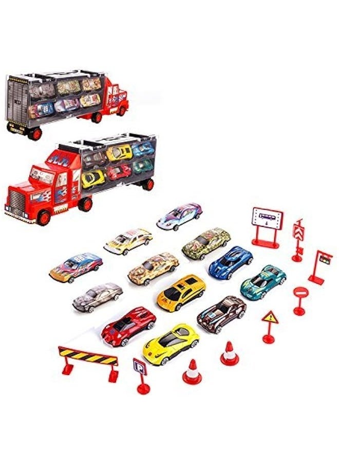 Car Toys Die Cast Carrier Truck Vehicles Toy for 3-12 Years Old Boy Girl Toy Gift(Includes 6 Alloy Cars,3 Animal Cars,3 Number Cars and Traffic Accessories)(Red)