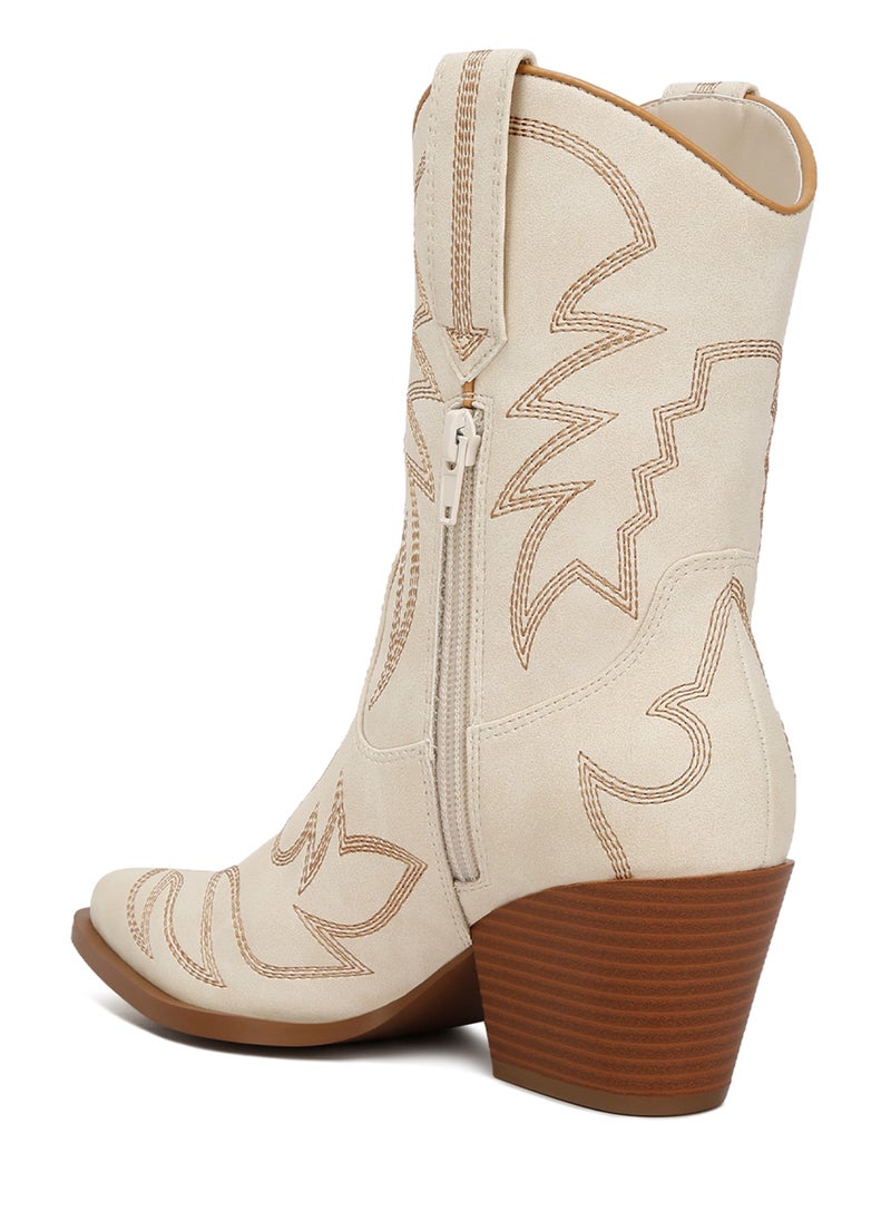 Faux Leather Patchwork Detail Boots in Cream