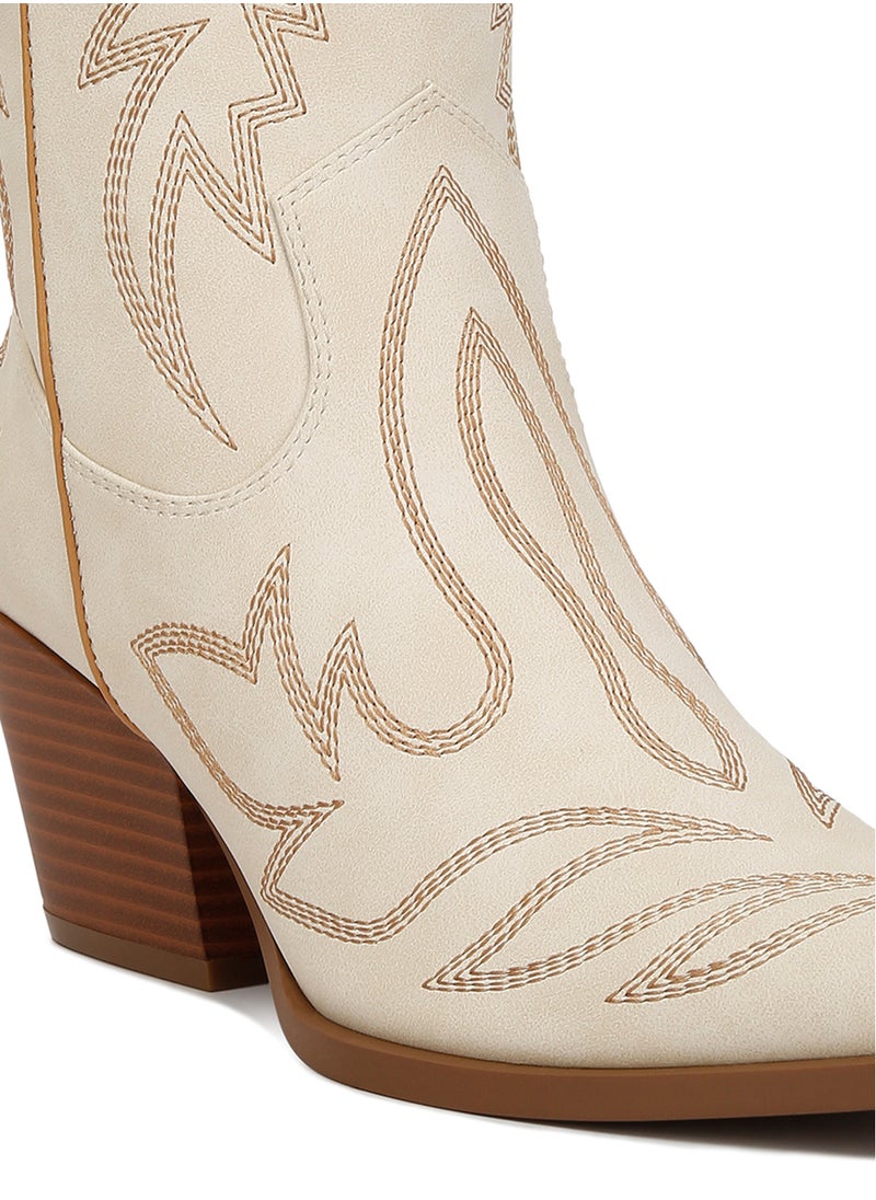 Faux Leather Patchwork Detail Boots in Cream