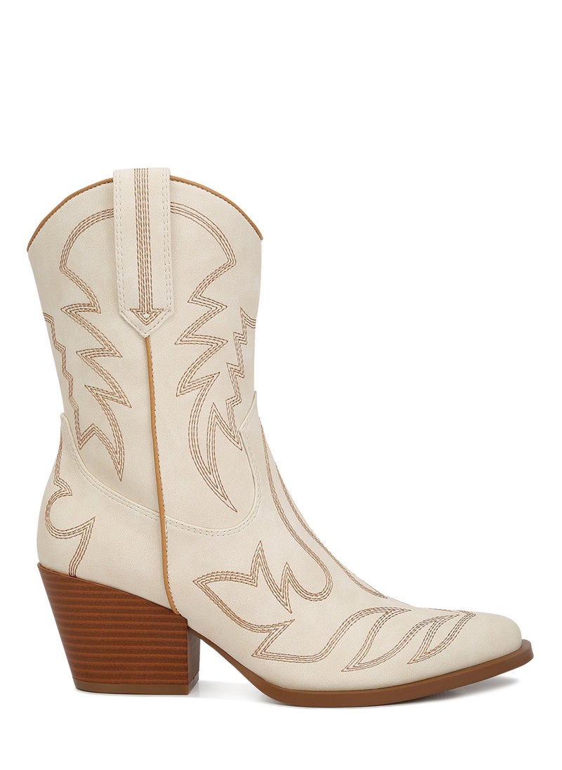 Faux Leather Patchwork Detail Boots in Cream