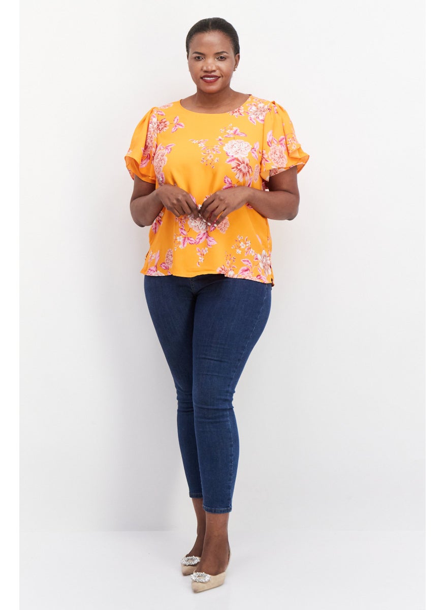Women Plus Size Round Neck Short Sleeve Floral Print Top, Orange Combo