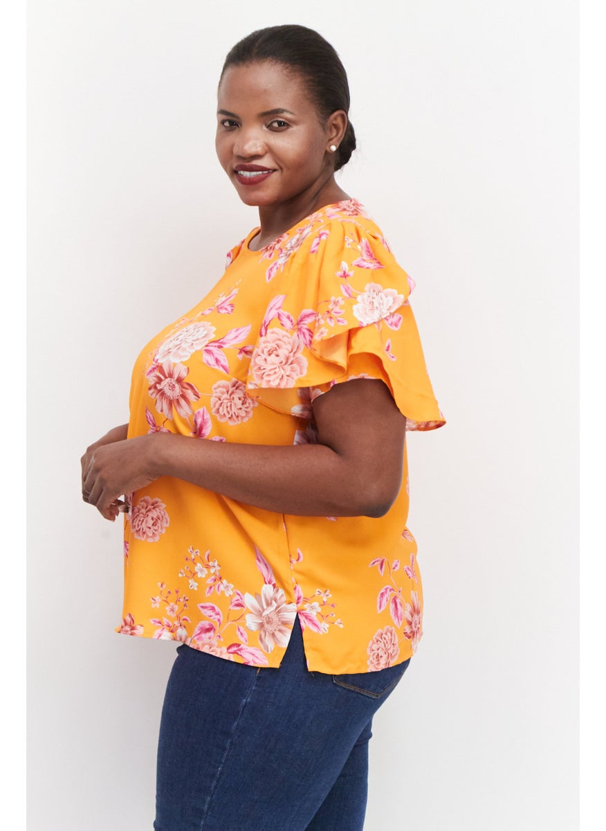 Women Plus Size Round Neck Short Sleeve Floral Print Top, Orange Combo
