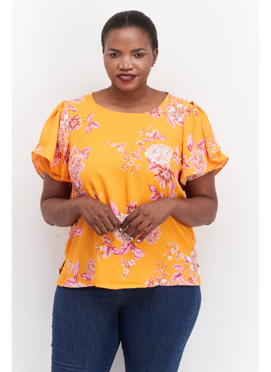 Women Plus Size Round Neck Short Sleeve Floral Print Top, Orange Combo