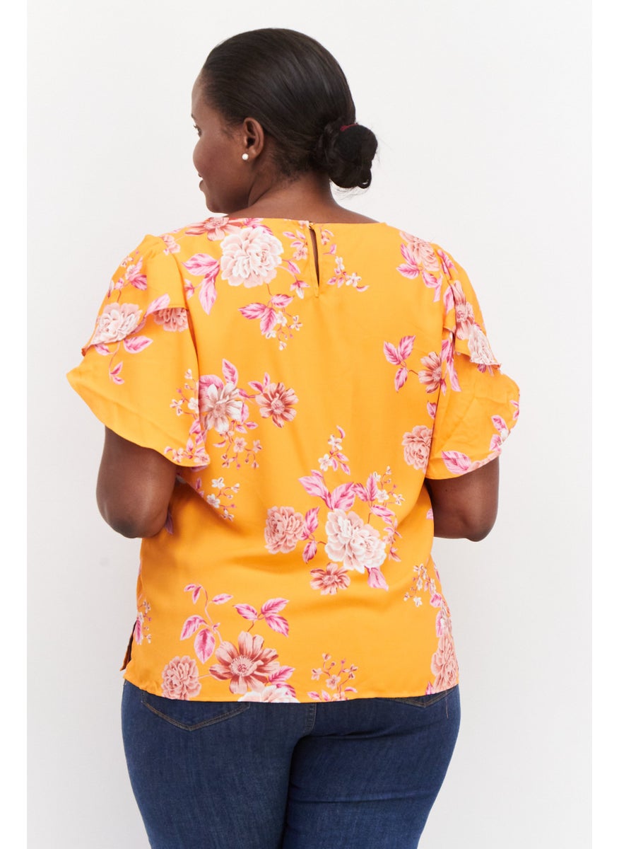 Women Plus Size Round Neck Short Sleeve Floral Print Top, Orange Combo