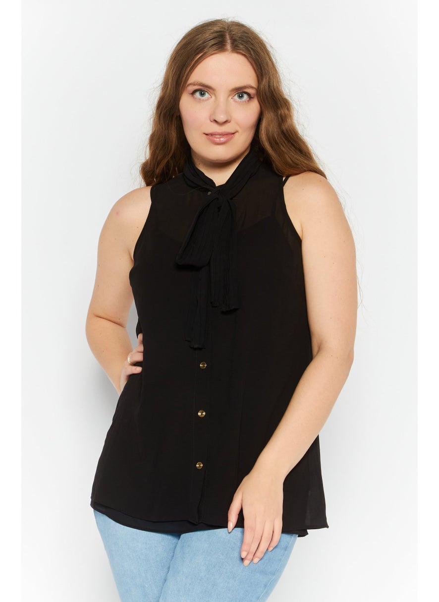 Women Tie Neck Sleeveless Plain Top, Black
