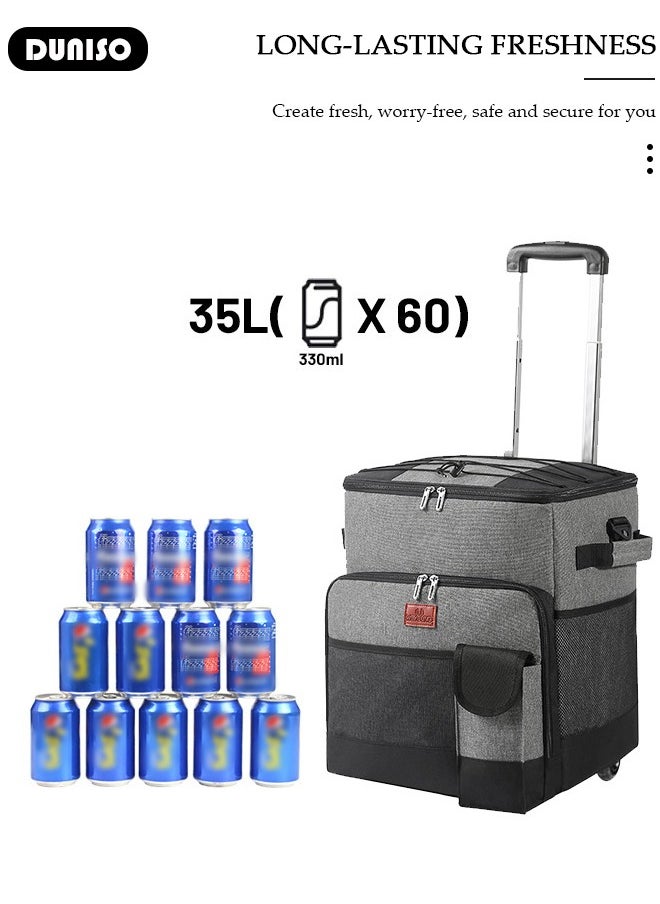 Trolley Cooler Food Bag,Portable Cooler Bag Camping Thermal Insulation Storage Organizer Waterproof & Leakproof Keep Hot & Cold 35L Large Capacity with Pull Rod for Outdoor Travel Camping Picnic Hiking Fishing Beach