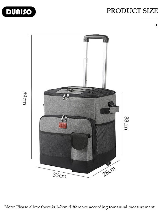Trolley Cooler Food Bag,Portable Cooler Bag Camping Thermal Insulation Storage Organizer Waterproof & Leakproof Keep Hot & Cold 35L Large Capacity with Pull Rod for Outdoor Travel Camping Picnic Hiking Fishing Beach