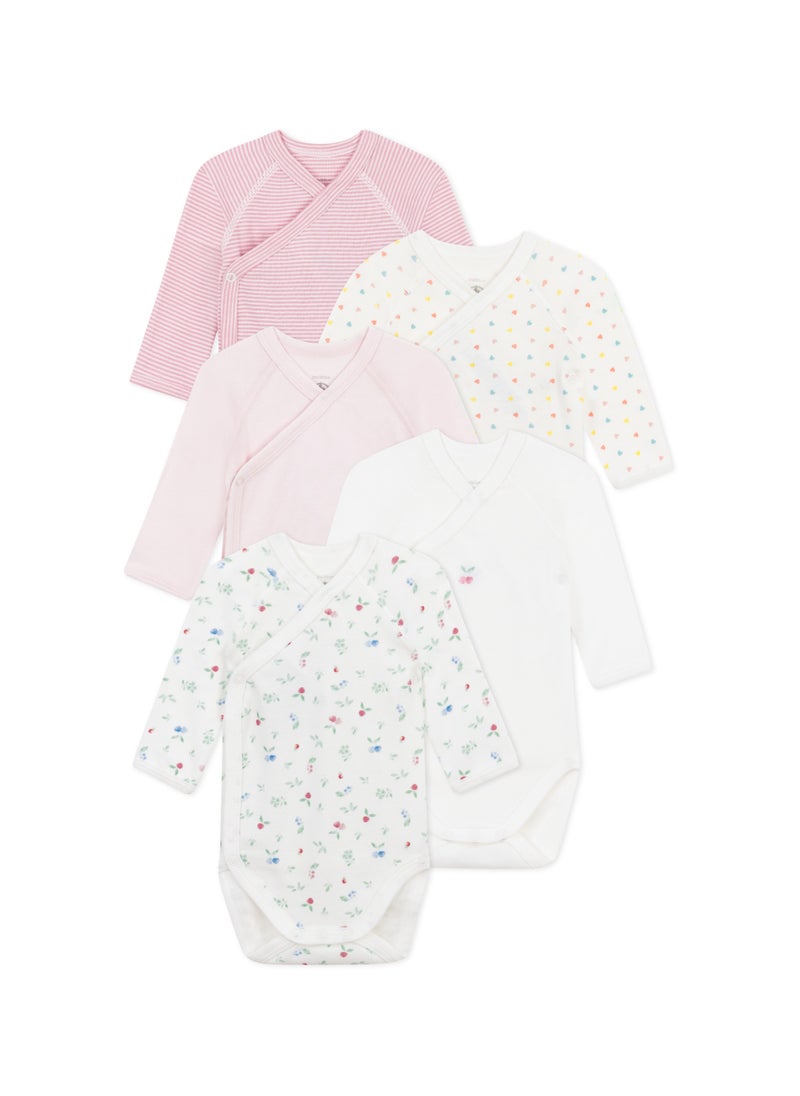 Set of 5 baby cotton long-sleeved crossover printed bodysuits