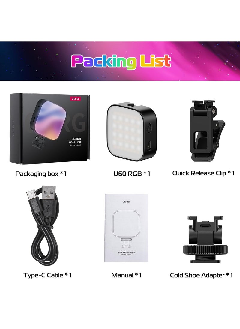 ULANZI U60 RGB Video Lights Black LED Camera Light 360° Full Color Portable Photography Lighting w Quick Release Cold Shoe Adapter and Clip, 2500mAh Rechargeable CRI 95+ 2500-9000K Dimmable Panel Lamp