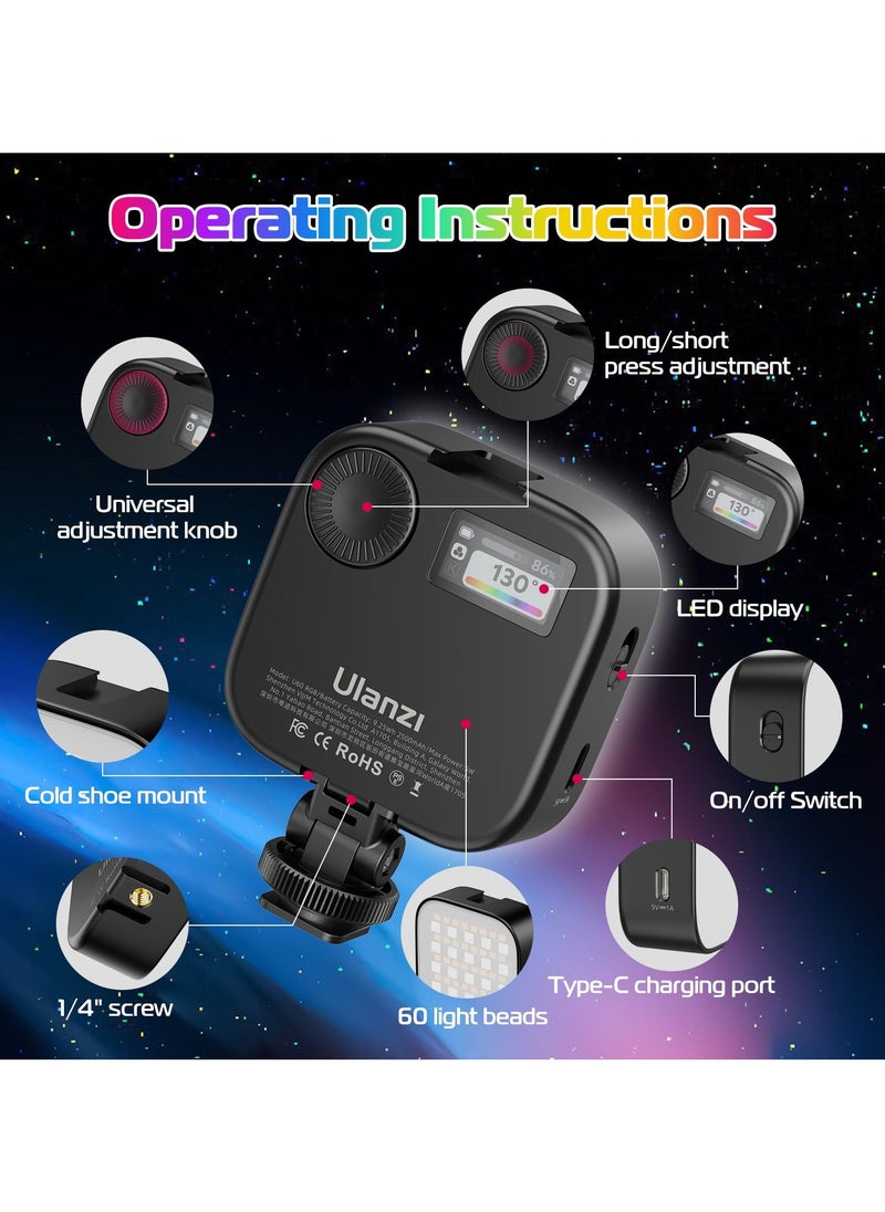 ULANZI U60 RGB Video Lights Black LED Camera Light 360° Full Color Portable Photography Lighting w Quick Release Cold Shoe Adapter and Clip, 2500mAh Rechargeable CRI 95+ 2500-9000K Dimmable Panel Lamp
