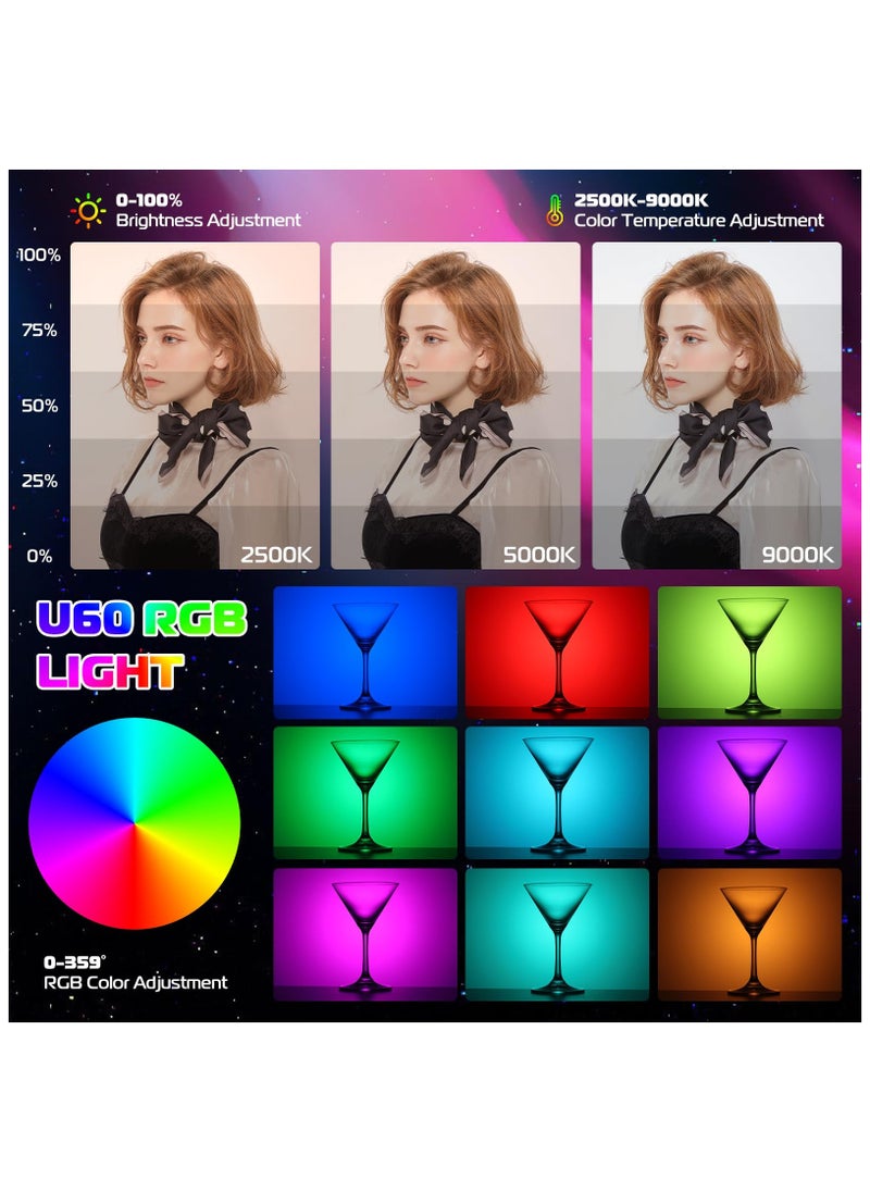 ULANZI U60 RGB Video Lights Black LED Camera Light 360° Full Color Portable Photography Lighting w Quick Release Cold Shoe Adapter and Clip, 2500mAh Rechargeable CRI 95+ 2500-9000K Dimmable Panel Lamp