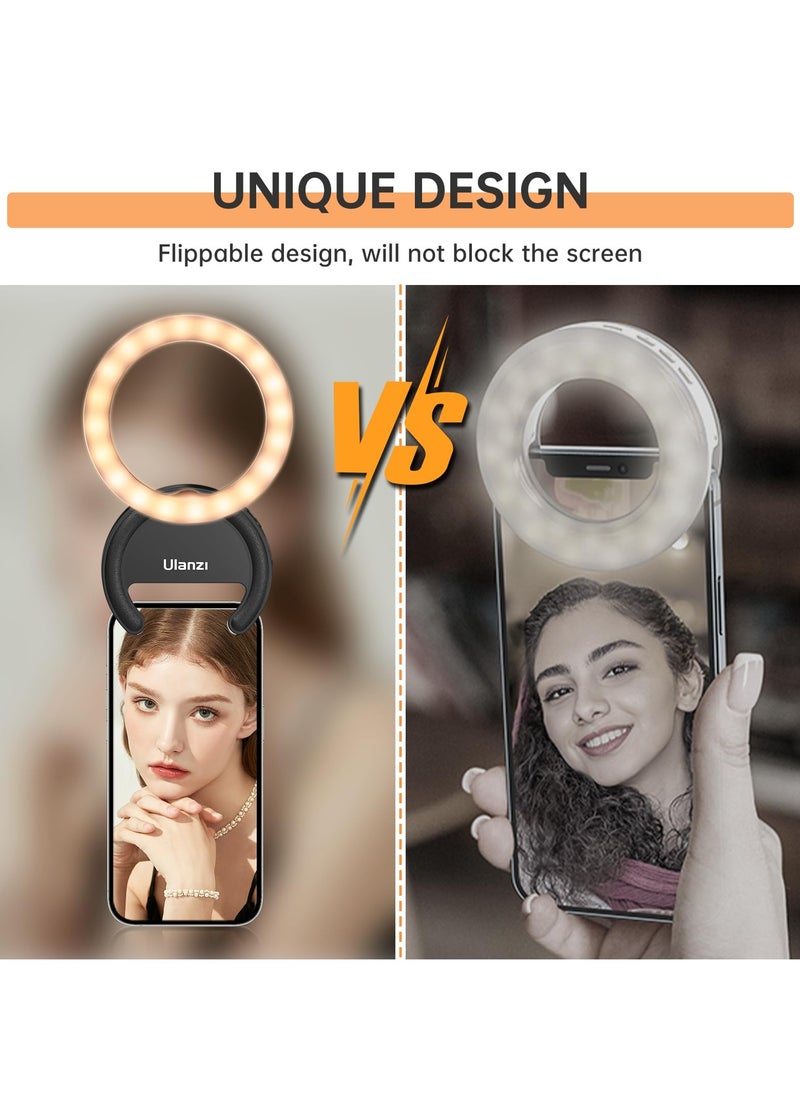 Ulanzi Selfie Ring Light, Ulanzi Rechargeable Fill 3000-6500K Portable Clip-on Phone LED Light with 40 LEDs for Phone, Laptop, Zoom Meeting, Make up, Camera Video, Video Recording(Black)