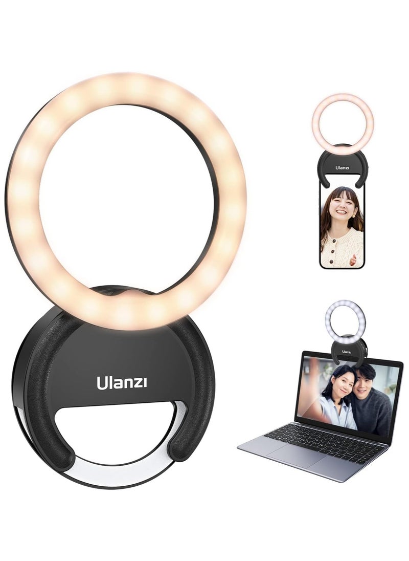 Ulanzi Selfie Ring Light, Ulanzi Rechargeable Fill 3000-6500K Portable Clip-on Phone LED Light with 40 LEDs for Phone, Laptop, Zoom Meeting, Make up, Camera Video, Video Recording(Black)