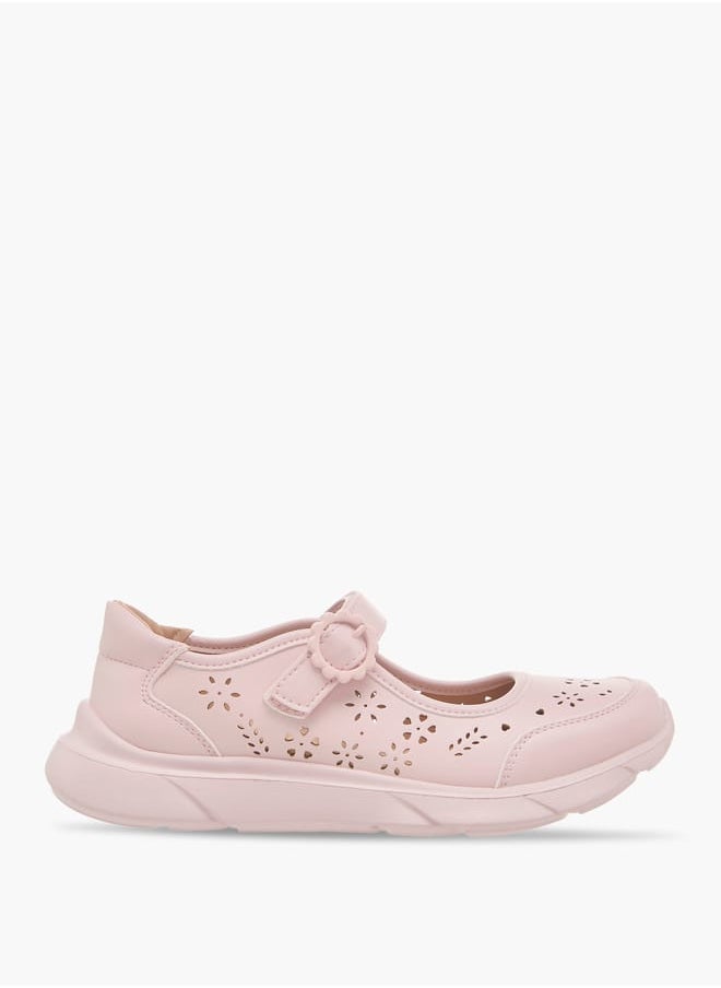 Girls Laser Cut Detail Mary Jane Shoes with Hook and Loop Closure
