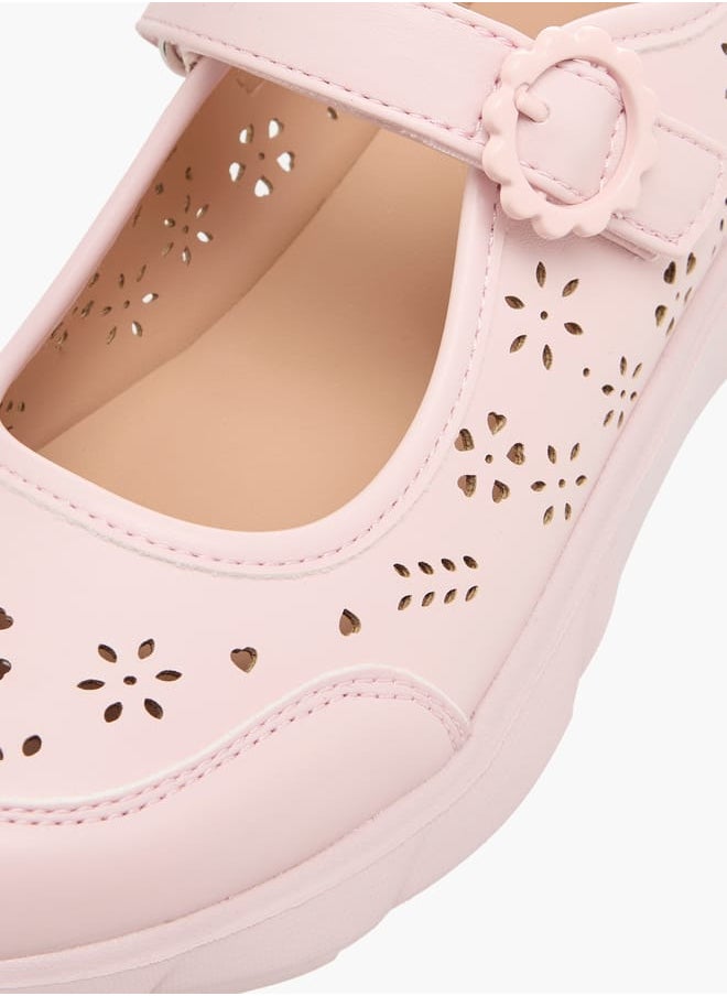 Girls Laser Cut Detail Mary Jane Shoes with Hook and Loop Closure
