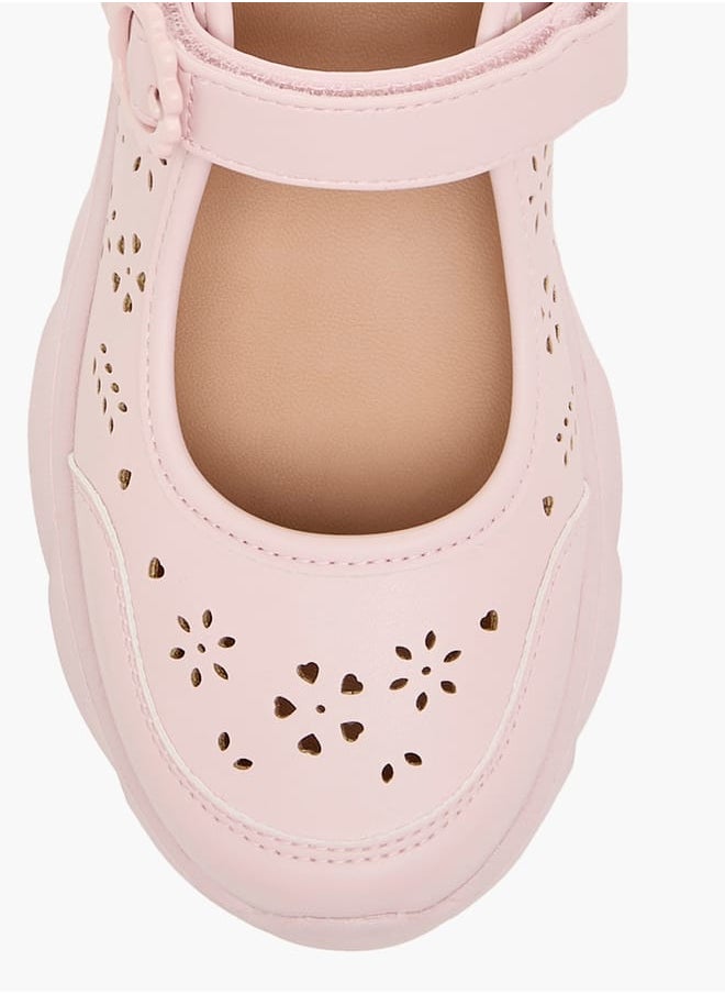 Girls Laser Cut Detail Mary Jane Shoes with Hook and Loop Closure