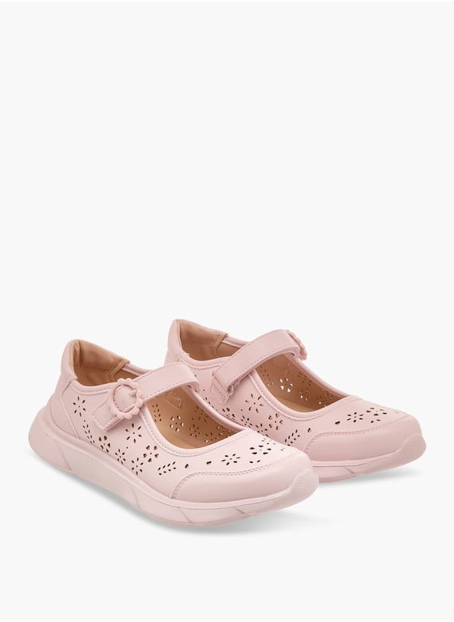 Girls Laser Cut Detail Mary Jane Shoes with Hook and Loop Closure
