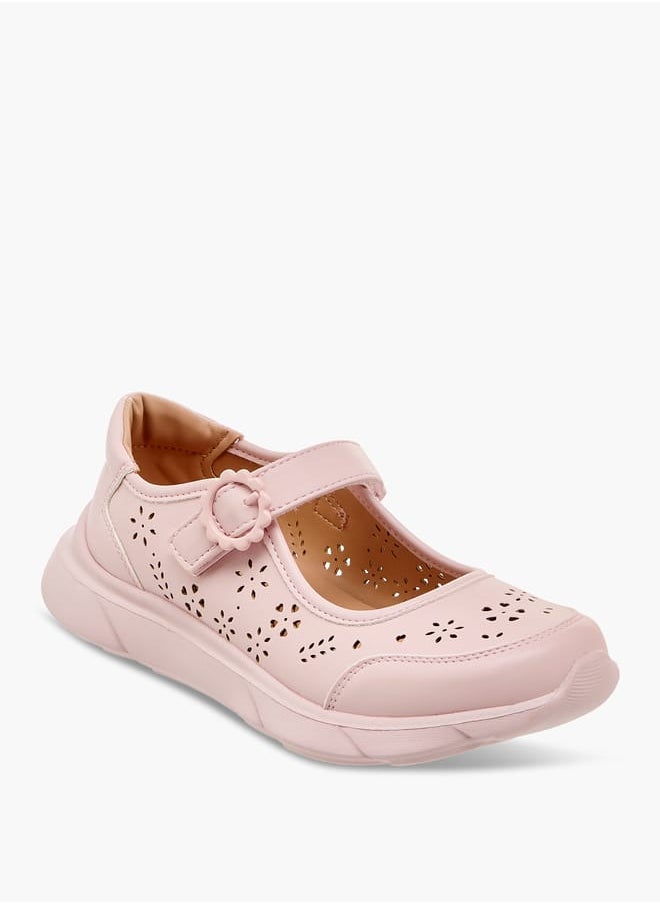 Girls Laser Cut Detail Mary Jane Shoes with Hook and Loop Closure