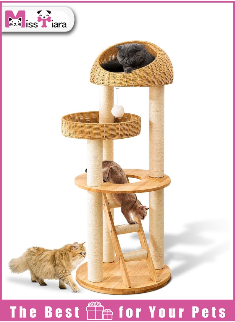 Cat Tree Tower, Cat Bed with with Sisal Staircase , Modern Design Cat Furniture Scratching Tree for Indoor Cat, Cat Tower Sisal-Covered Scratching Posts , Natural Oak Wood Cat Tree for Large Cats, Hand Woven Luxury Cat Condo, Unique High-end Design Cat Furniture Activity Centre, Easy Clean