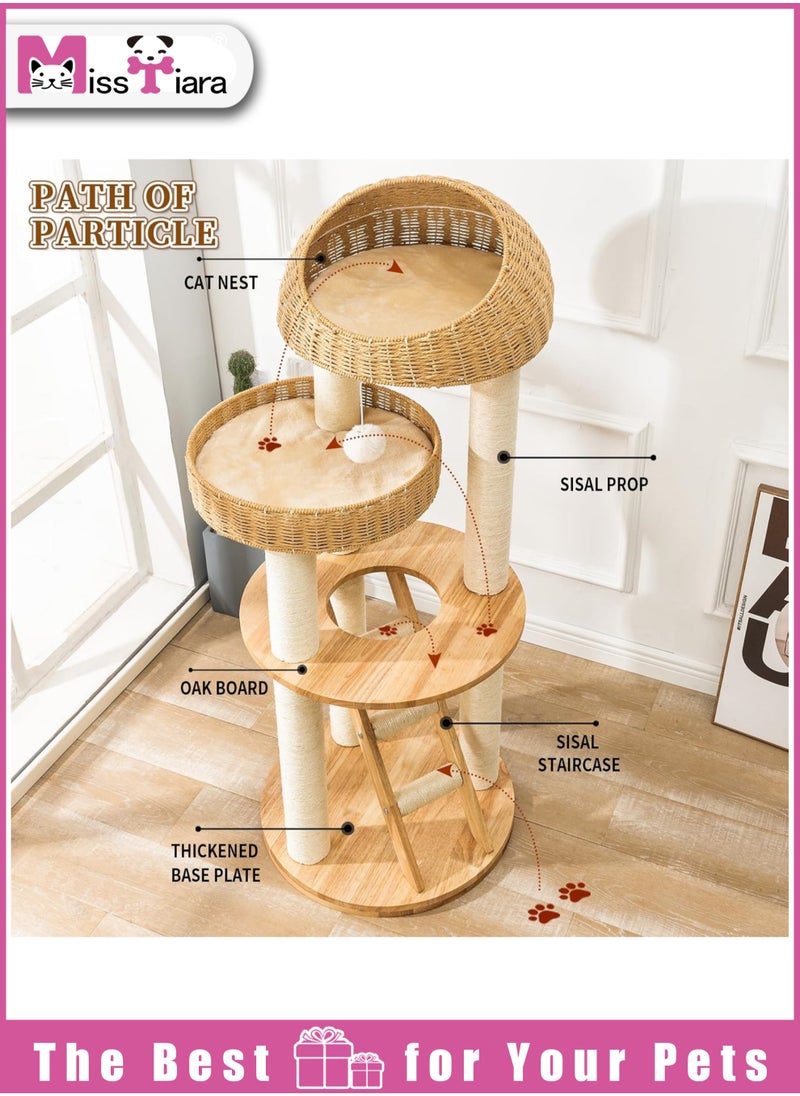 Cat Tree Tower, Cat Bed with with Sisal Staircase , Modern Design Cat Furniture Scratching Tree for Indoor Cat, Cat Tower Sisal-Covered Scratching Posts , Natural Oak Wood Cat Tree for Large Cats, Hand Woven Luxury Cat Condo, Unique High-end Design Cat Furniture Activity Centre, Easy Clean