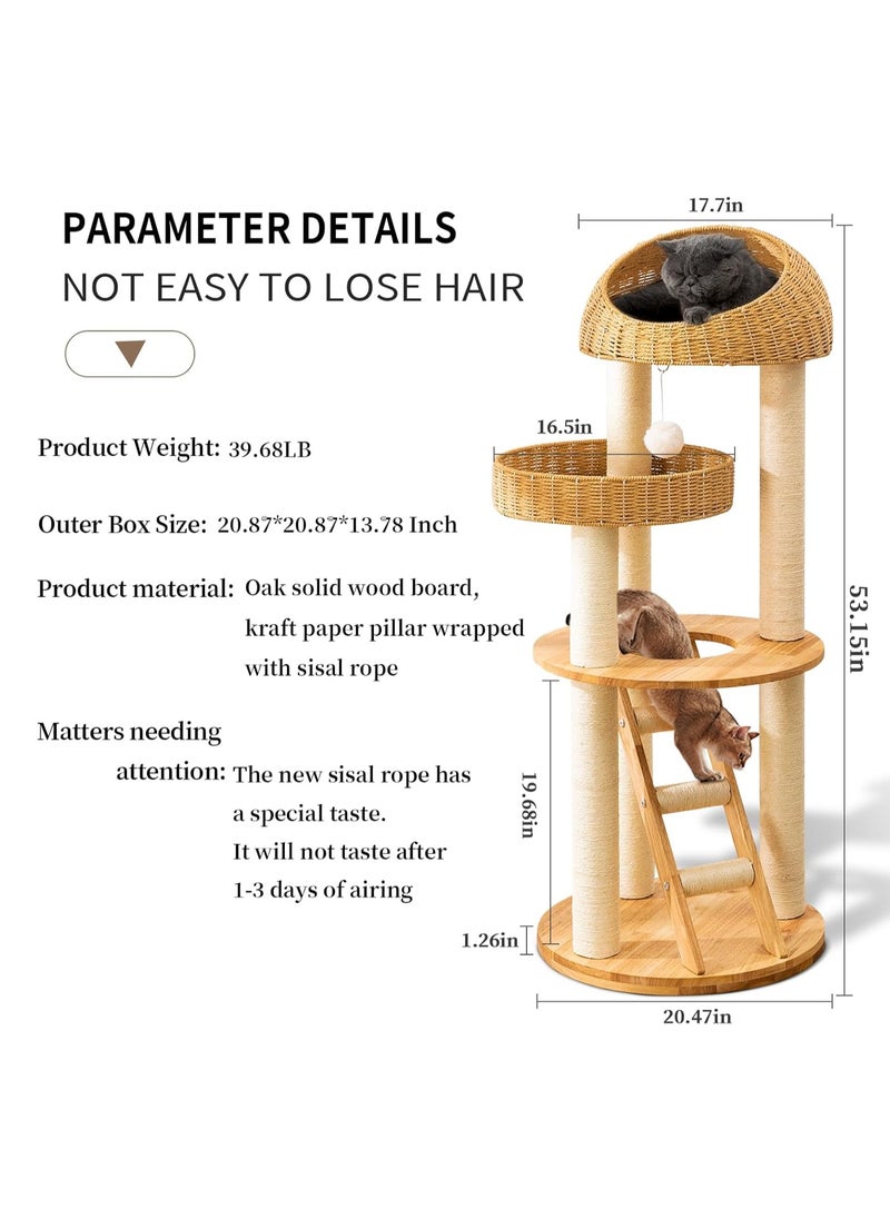 Cat Tree Tower, Cat Bed with with Sisal Staircase , Modern Design Cat Furniture Scratching Tree for Indoor Cat, Cat Tower Sisal-Covered Scratching Posts , Natural Oak Wood Cat Tree for Large Cats, Hand Woven Luxury Cat Condo, Unique High-end Design Cat Furniture Activity Centre, Easy Clean