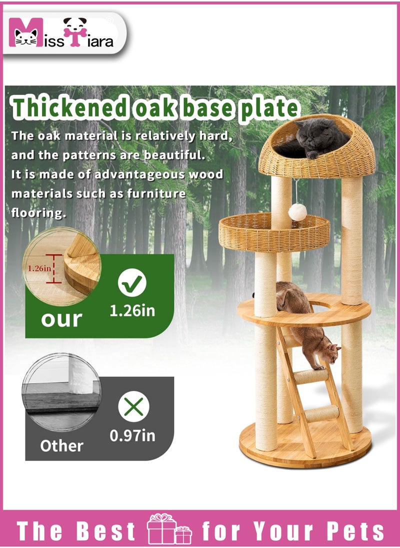 Cat Tree Tower, Cat Bed with with Sisal Staircase , Modern Design Cat Furniture Scratching Tree for Indoor Cat, Cat Tower Sisal-Covered Scratching Posts , Natural Oak Wood Cat Tree for Large Cats, Hand Woven Luxury Cat Condo, Unique High-end Design Cat Furniture Activity Centre, Easy Clean