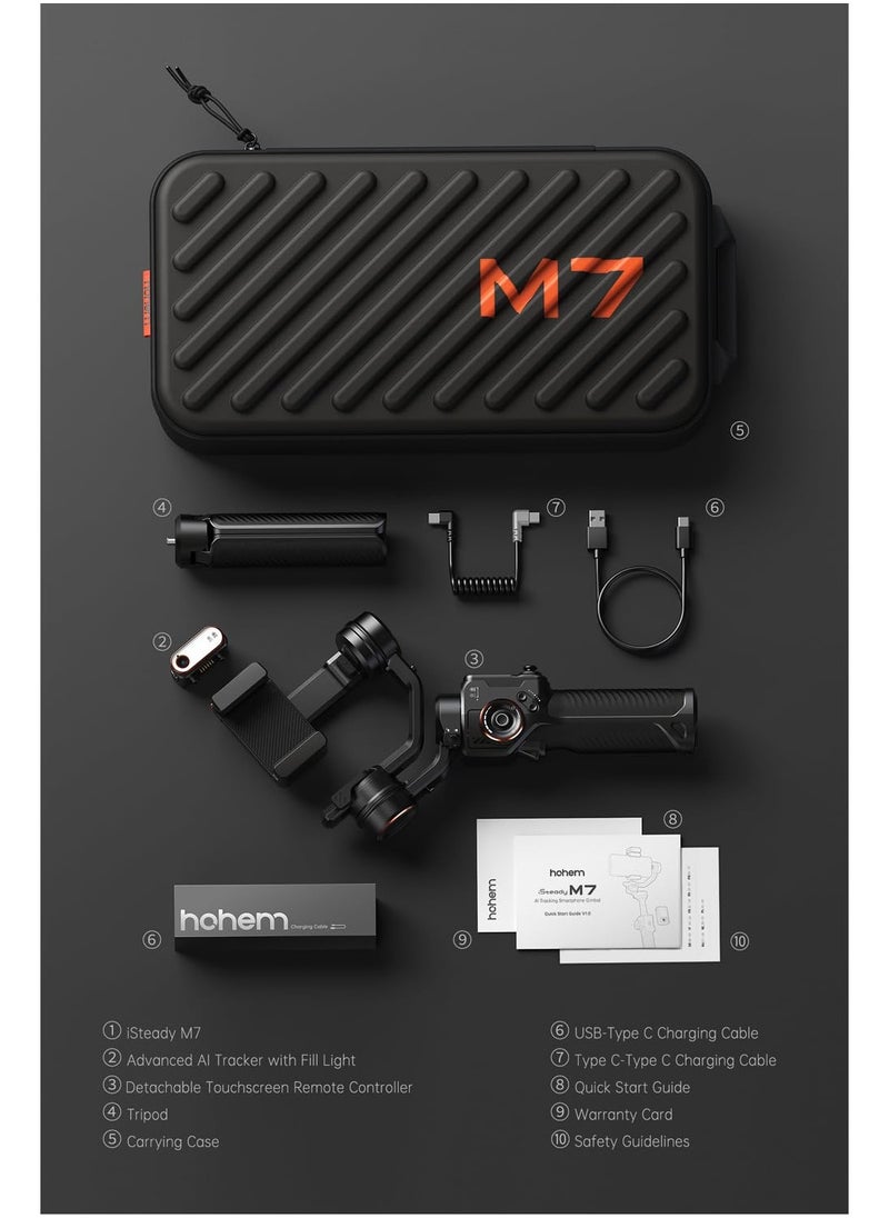 Hohem iSteady M7 Gimbal Stabilizer for Smartphone, Magnetic AI Tracker Fill Light, Detachable Touchscreen Remote Controller, Built-in Extension Rod, 500g Payload Gimbal Stabilizer for iPhone Android