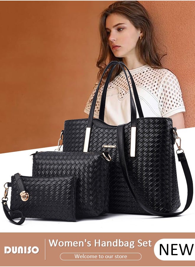 3PCS Women's Shoulder Tote Bag Set,Large Capacity Hand Shoulder Bag with Adjustable Shoulder Strap Fashion Purse Clutch Bag Set for Women/Ladies Office Travel Daily Bag