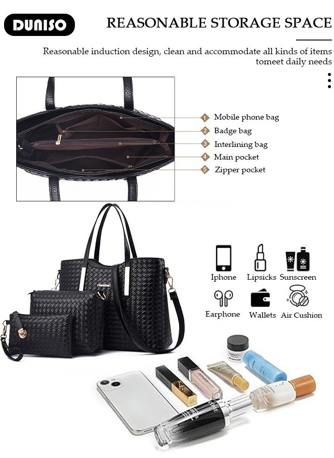 3PCS Women's Shoulder Tote Bag Set,Large Capacity Hand Shoulder Bag with Adjustable Shoulder Strap Fashion Purse Clutch Bag Set for Women/Ladies Office Travel Daily Bag