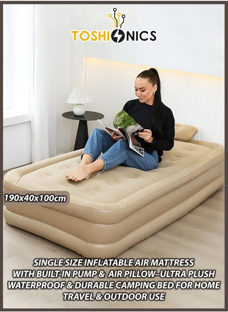 Single Size Air Mattress with Air Pillow Durable and Waterproof Camping Bed with Built-in Rechargeable Air Pump for Quick Self-Inflation and Deflation Ultra Plush Comfort-Plush Luxury Blow-Up Airbed for Home Travel Hiking Outdoor Adventures Picnics Sleepovers and Guest Bed Use Premium Adjustable Inflatable Mattress with Repair Bag Portable & Easy Set-Up 190x40x100cm