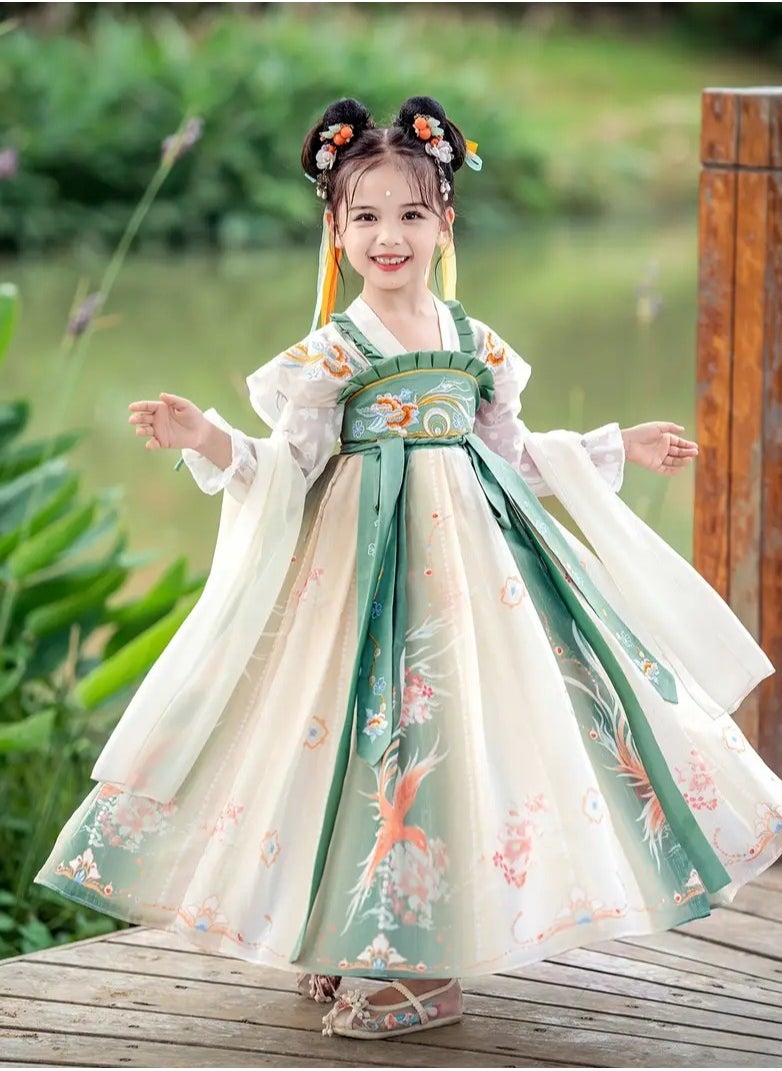 Enchanting Hanfu Dress for Girls Traditional Chinese Costume with Floral Print Long Sleeves And Belt Detail Perfect for School Performances