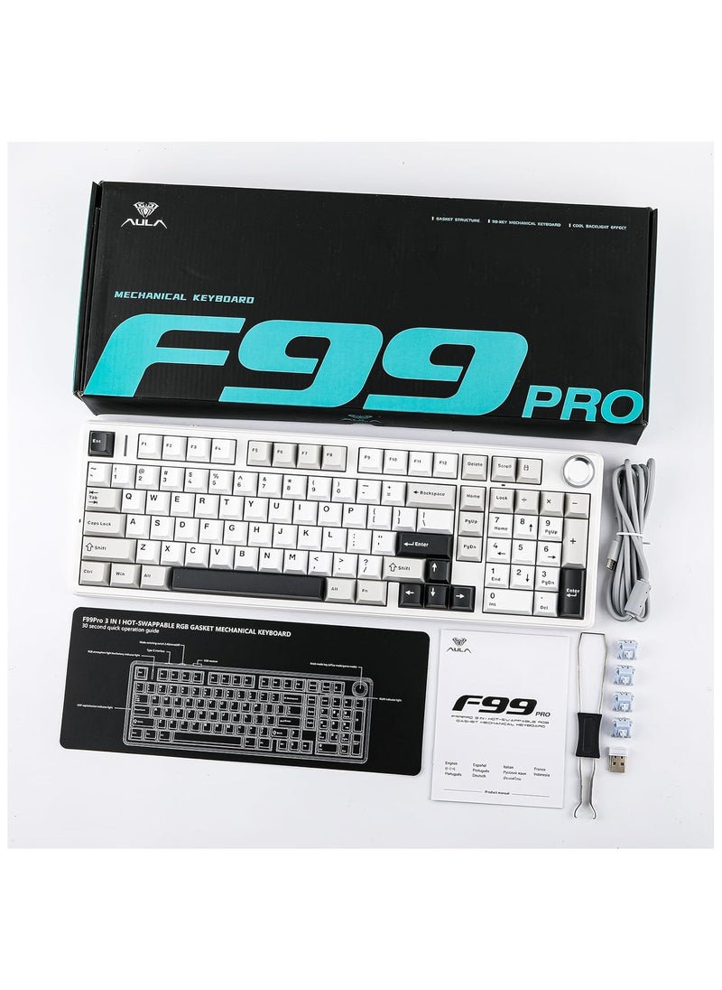 Aula F99 PRO Wireless Gaming Keyboard, Hot Swappable Custom Keyboard, 2.4GHz/Type-C/BT5.0 Mechanical Keyboard with 8000mAh Battery, RGB Backlit Gaming Keyboard (Black&Grey&White)