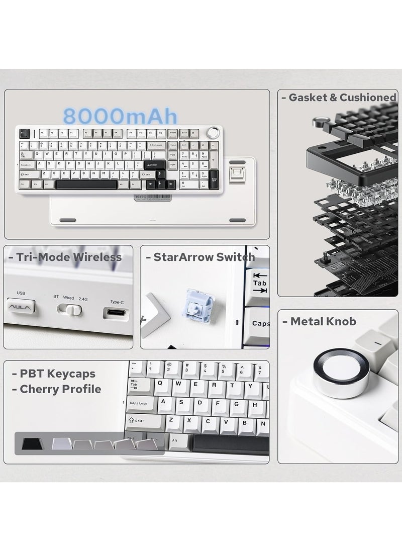 Aula F99 PRO Wireless Gaming Keyboard, Hot Swappable Custom Keyboard, 2.4GHz/Type-C/BT5.0 Mechanical Keyboard with 8000mAh Battery, RGB Backlit Gaming Keyboard (Black&Grey&White)