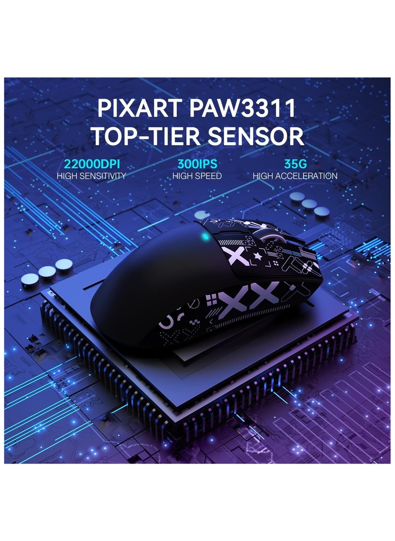 ATTACK SHARK X11 Lightweight Wireless Gaming Mouse with RGB Charging Dock,Tri-Mode-2.4G/USB-C Wired/BT,22K DPI,PAW3311 Optical Sensor,HUYU Switch, 5 programmable Buttons for PC/Mac(Black&Sticker)