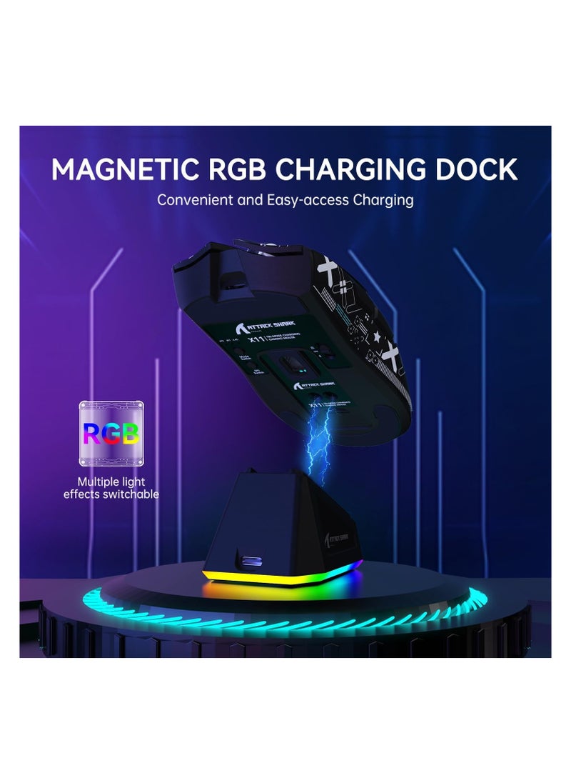 ATTACK SHARK X11 Lightweight Wireless Gaming Mouse with RGB Charging Dock,Tri-Mode-2.4G/USB-C Wired/BT,22K DPI,PAW3311 Optical Sensor,HUYU Switch, 5 programmable Buttons for PC/Mac(Black&Sticker)
