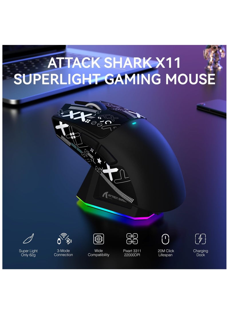 ATTACK SHARK X11 Lightweight Wireless Gaming Mouse with RGB Charging Dock,Tri-Mode-2.4G/USB-C Wired/BT,22K DPI,PAW3311 Optical Sensor,HUYU Switch, 5 programmable Buttons for PC/Mac(Black&Sticker)
