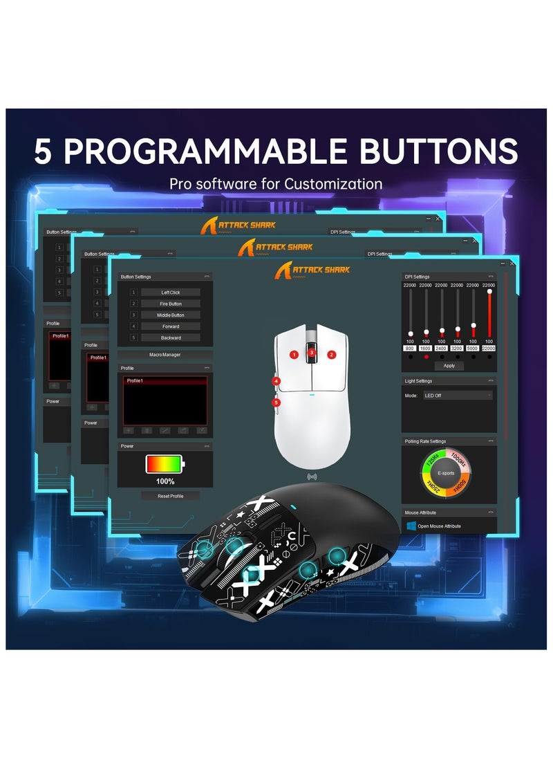 ATTACK SHARK X11 Lightweight Wireless Gaming Mouse with RGB Charging Dock,Tri-Mode-2.4G/USB-C Wired/BT,22K DPI,PAW3311 Optical Sensor,HUYU Switch, 5 programmable Buttons for PC/Mac(Black&Sticker)