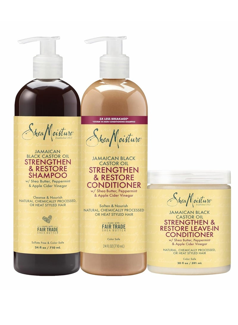Strengthen & Restore Shampoo, Conditioner & Leave-In Bundle Jamaican Black Castor Oil 3 Pack to Cleanse & Nourish Dry, Damaged Hair
