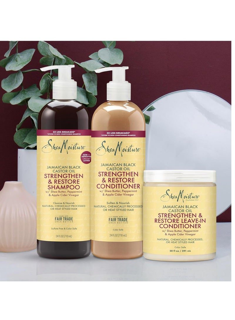 Strengthen & Restore Shampoo, Conditioner & Leave-In Bundle Jamaican Black Castor Oil 3 Pack to Cleanse & Nourish Dry, Damaged Hair