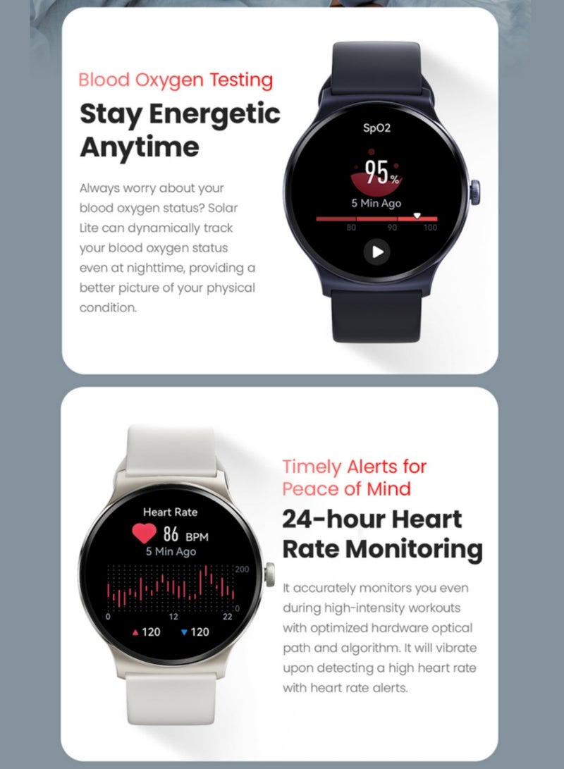 240 mAh Solar Lite Smart Watch With 100 Plus Workout Modes And Heart Rate Blood Oxygen Monitoring Sleep Stress Testing Silver